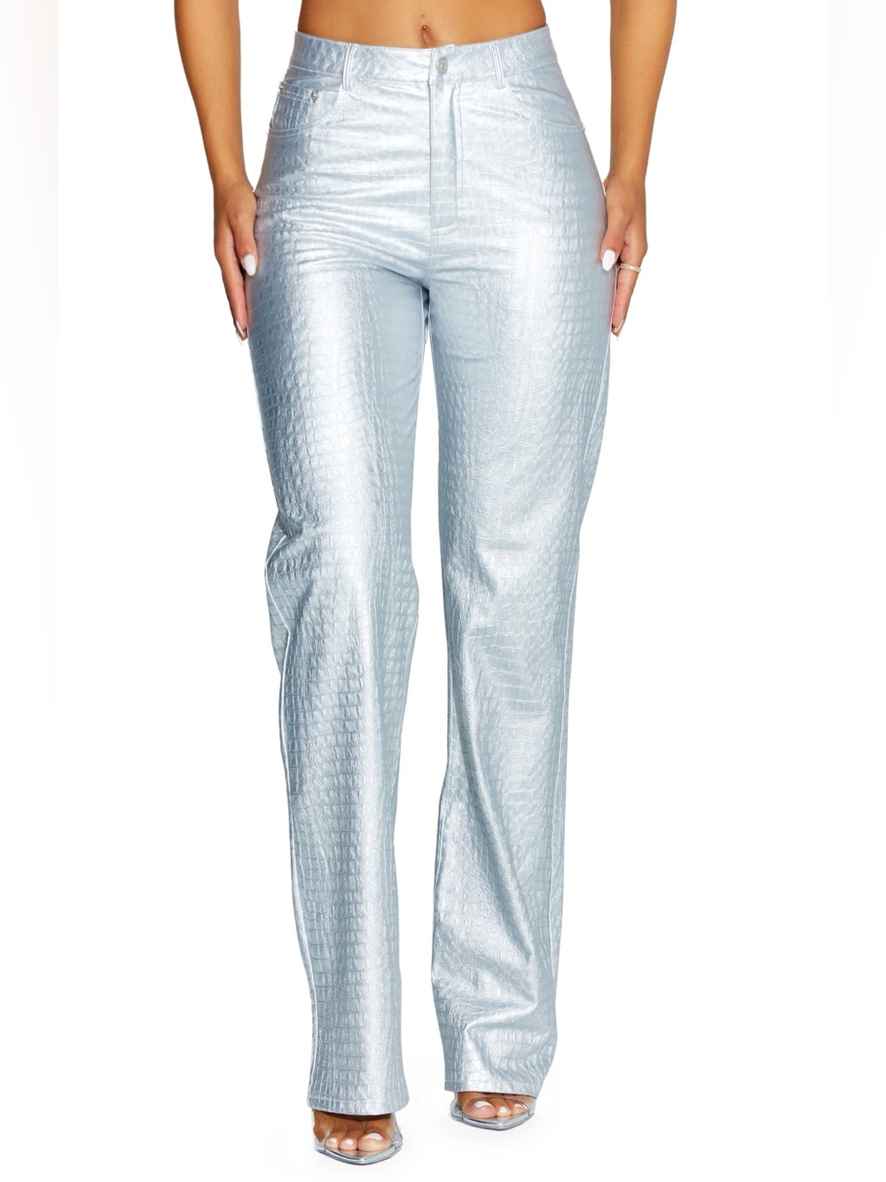 NWT- NAKED WARDROBE Croc Faux Leather Straight Leg Pants in Silver Metallic